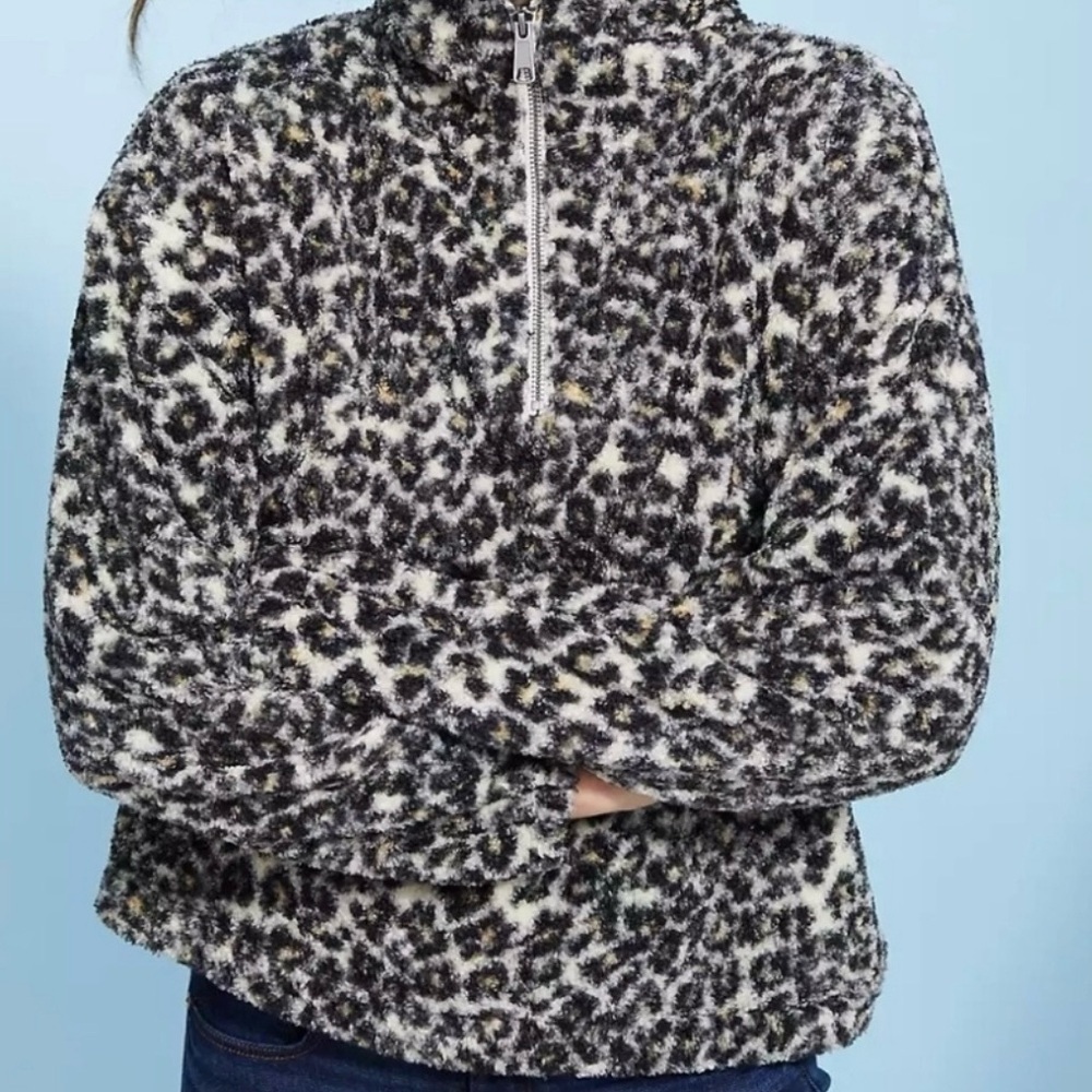 Loft Women’s Leopard Print 1/4 Zip Soft Sherpa Fleece Pullover, Size Small